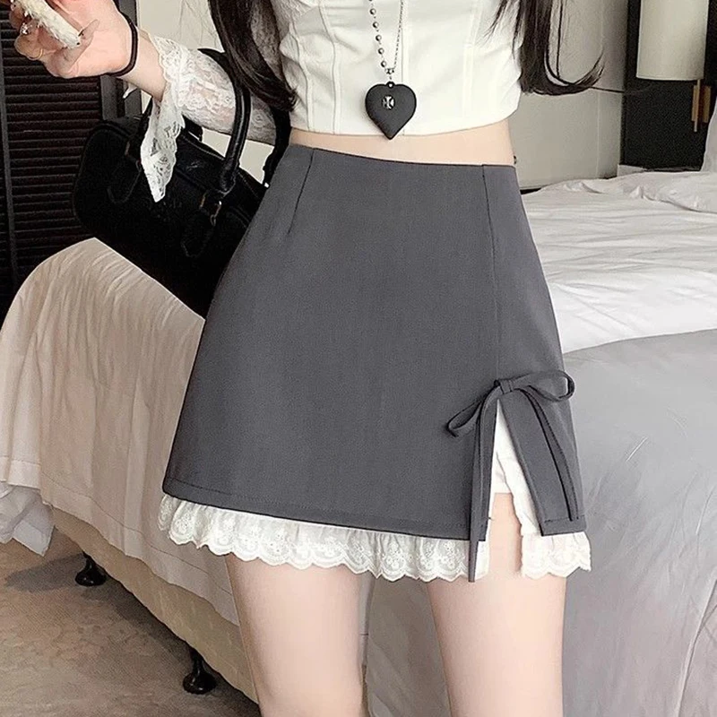 Sweet Lace Patchwork Women Mini Skirt Korean High Waist Bow Lace Up A Line Skirts Woman Slimming Split Y2K Short Skirt Female