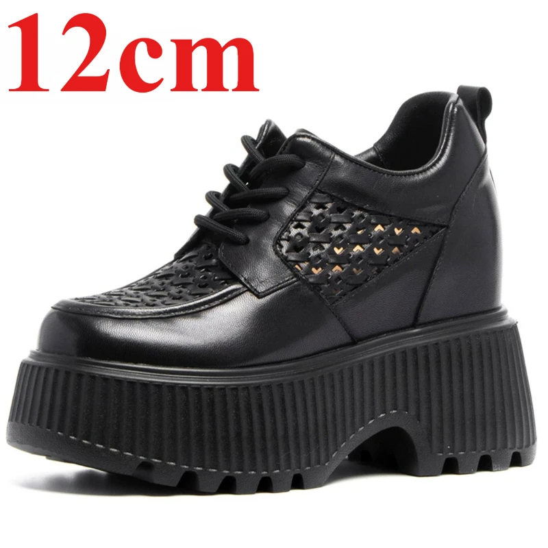 Summer Hollow Woven Casual Shoes for Women's 12cm Elevator Sports Shoes Genuine Leather Breathable White Height Increasing Shoes