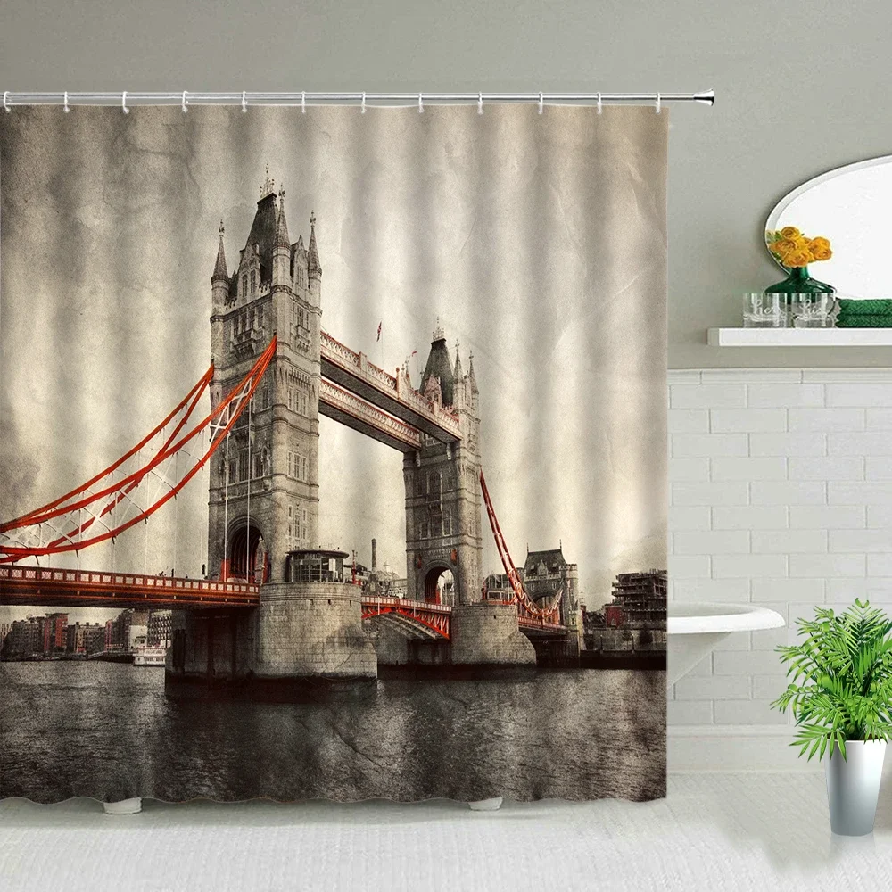 London Bridge Landscape Shower Curtains Paris Tower European Style Building City Scenery Bath Screen Waterproof Bathroom Curtain