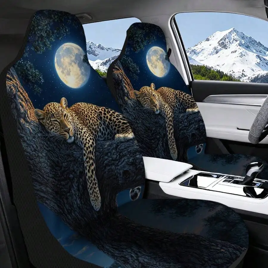 

Universal Car Seat Covers Set Sleeping Leopard Under Moonlight Print Soft Comfort All Season Use