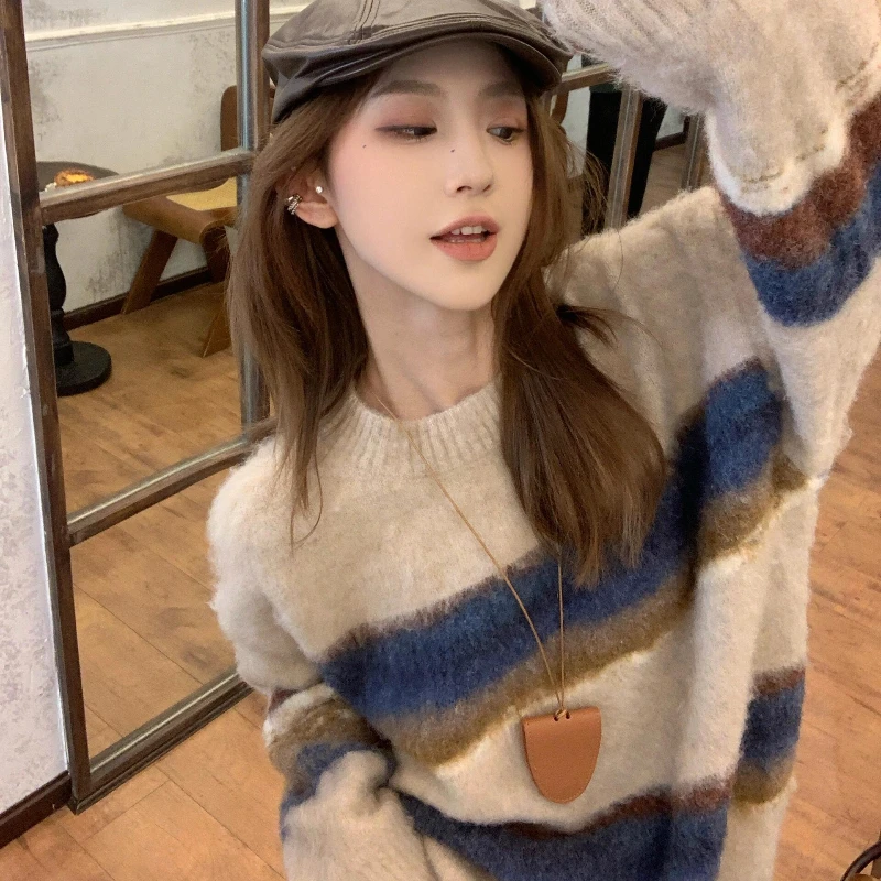Pullovers Women Striped O-neck Thickened Knitted Soft All-match Autumn Winter Sweaters Ins Korean Fashion Gentle Stylish Chic