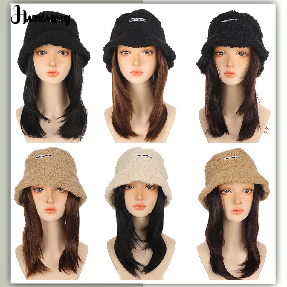 Synthetic Wig Hat Female Autumn And Winter Lamb Plush Round Face Fisherman Hat One Fashion Joker Clavicle Hair Daily Wear Wig