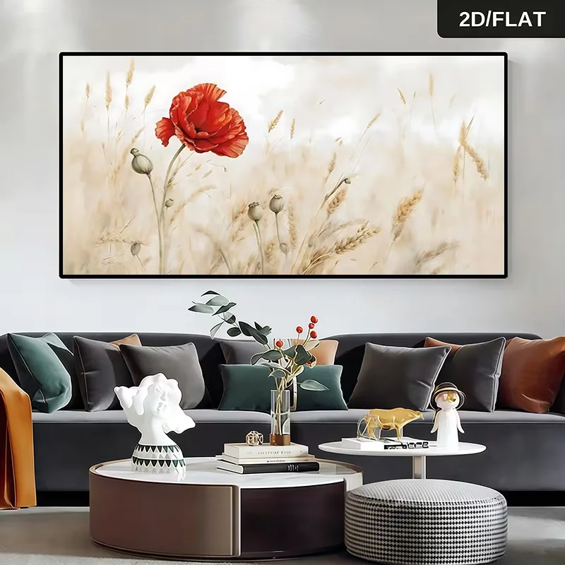1pc frameless Canvas Painting 2D Flat, 2D Flat, 1pc Frameless Canvas Art | 2D Flat Red Daisy In Wheat Field - Minimalist Kitchen
