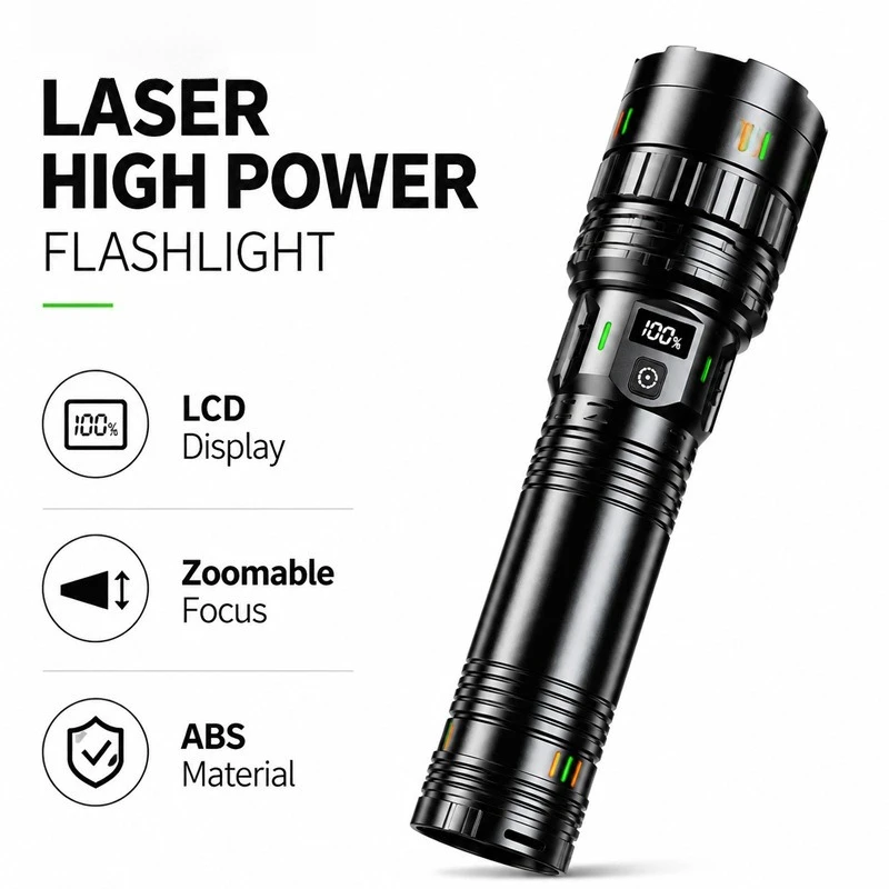 ズーム機能付き、明るいled懐中電灯。白色レーザー光を放ち、充電可能で、持ち運びにも便利。バッテリー残量表示機能付き。家庭での緊急時や安全確保に最適。