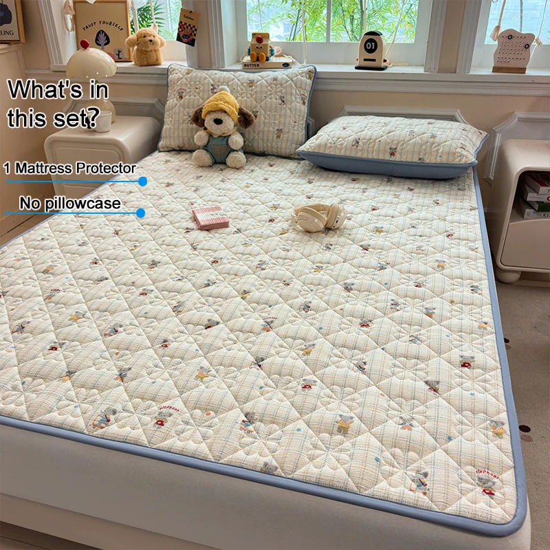 Microfiber Quilted Mattress Protector, Cartoon Print Antibacterial Anti-Mite Mattress Pad Cover with Non-Slip Bottom, Bed Cover