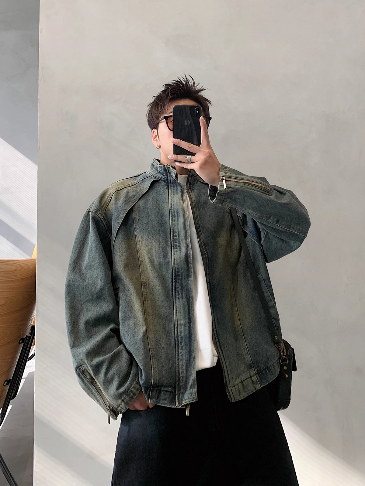 

Ретро-куртка из денима в американском стиле с воротником-стойкой, свободного кроя, для весны и осени, модная молодежная модель с длинными рукавами