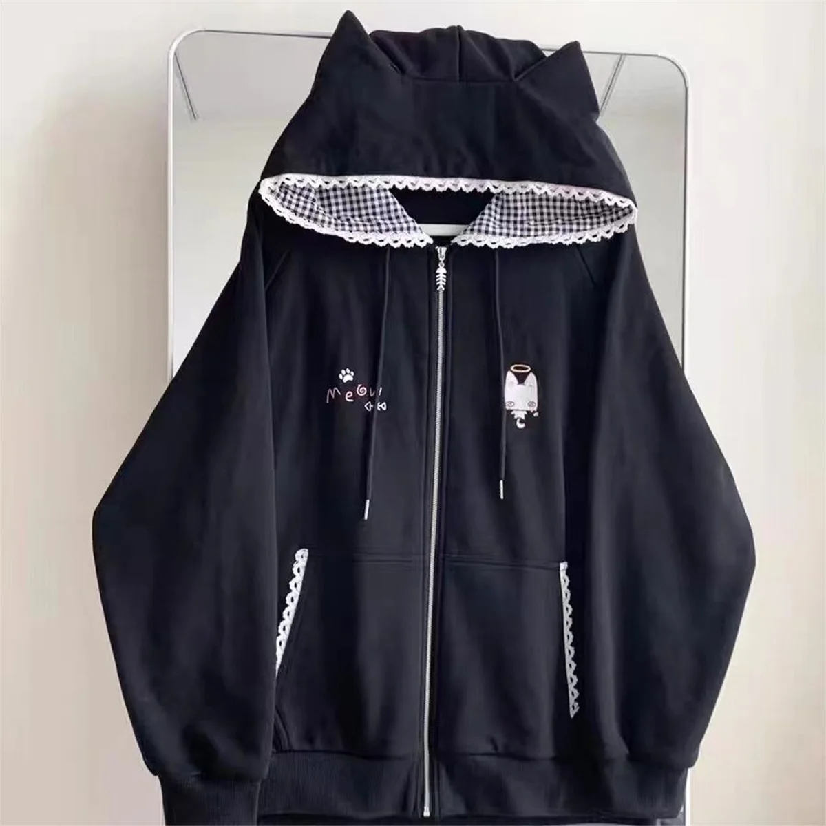 Ropa Mujer Japanese Cute Hoodies Coats Cute Cat Print Hooded Sweatshirts Y2K Tops Women Clothing Casual Zipper Loose Hoodie