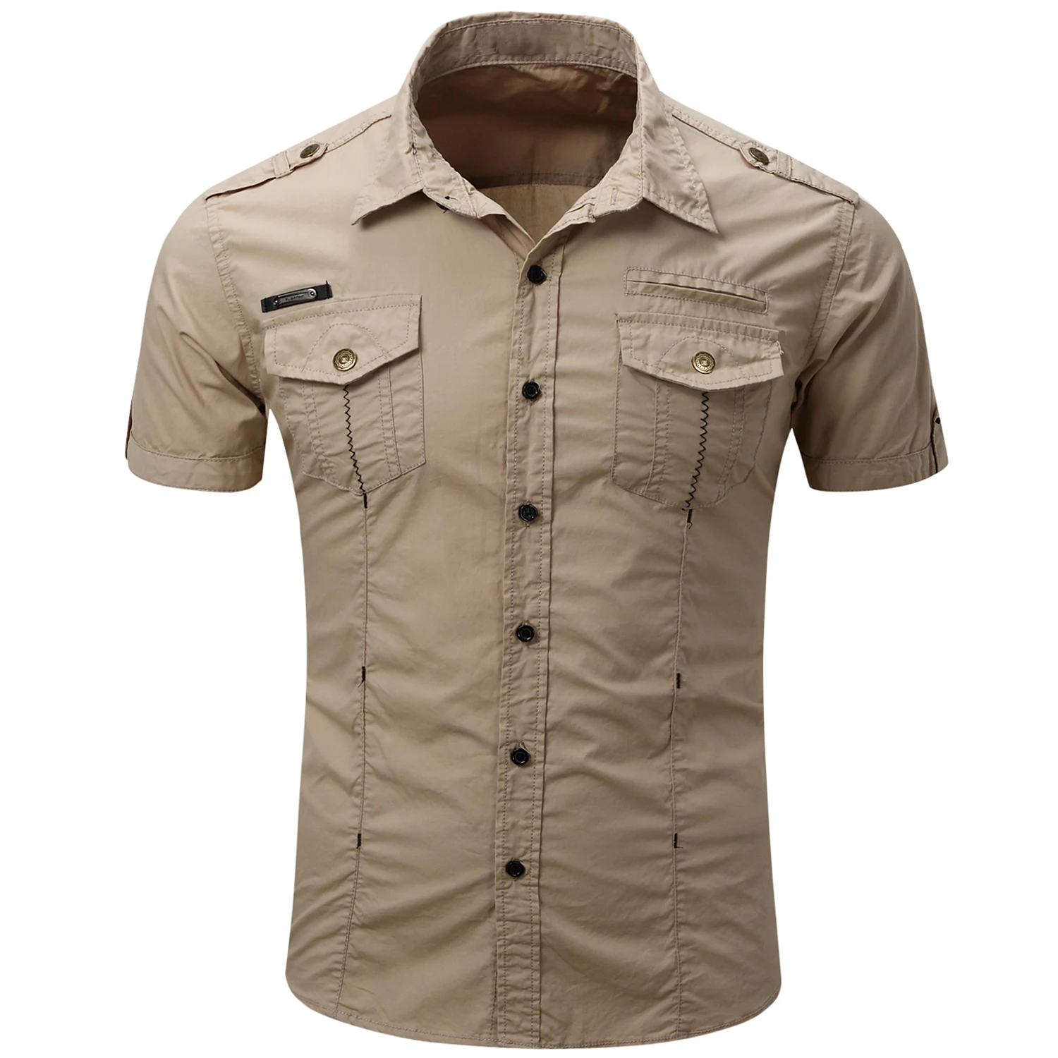 Neue Mode 2023 Herren Safari Shirt Kurzarm Sommer Casual Taktische 100 % Baumwolle Cargo Outdoor Tasche Arbeitshemden für Männer