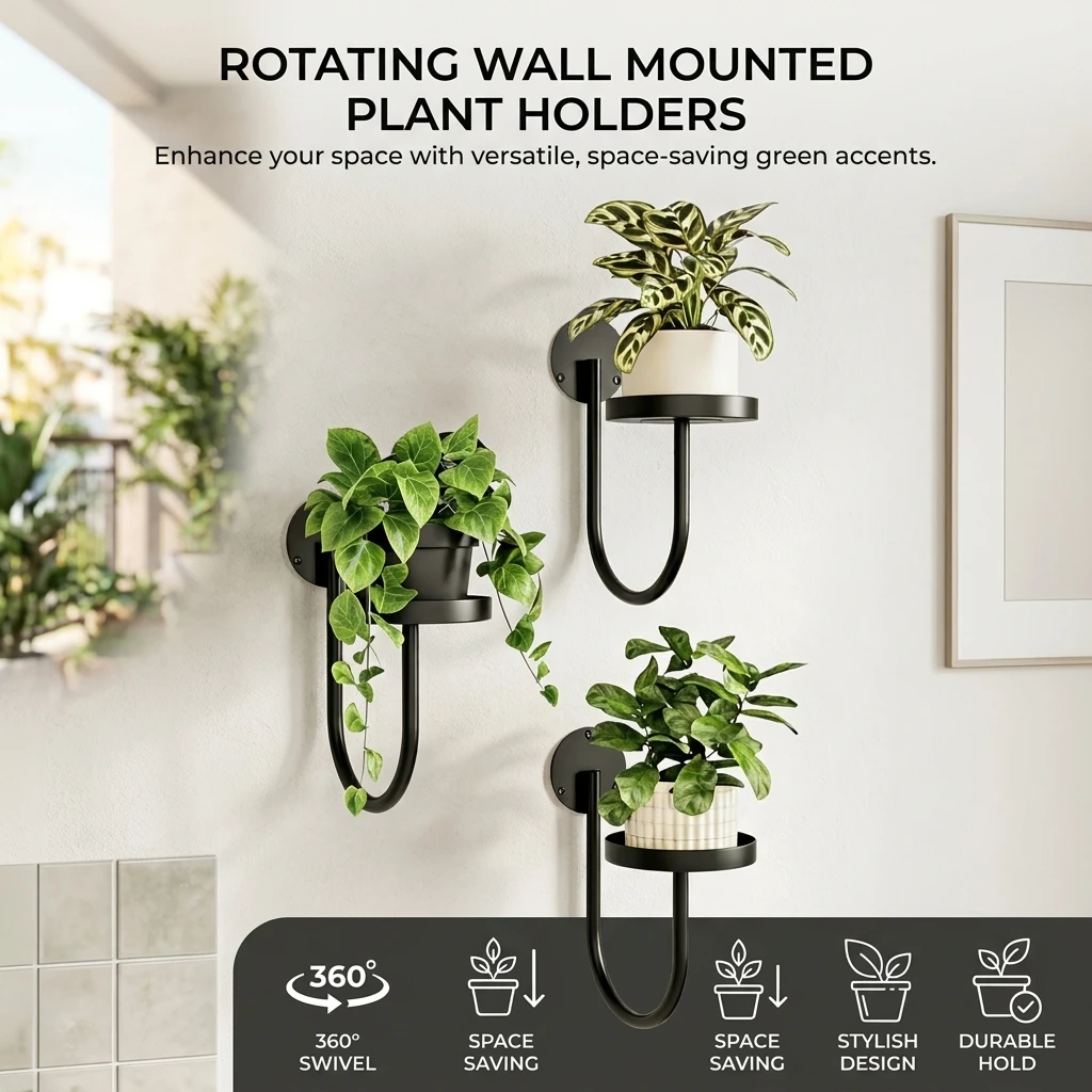 Black Oval Rotating Wall Mounted Plant Stand For Indoor Potted Plants Space Saving And Multi Functional Design image 4