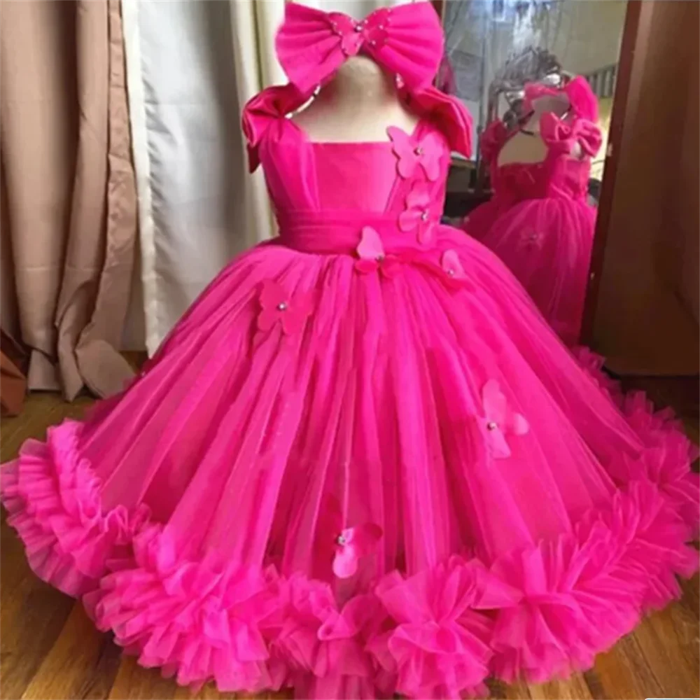 Cute Beauty Pageant lilla Flower Girl abiti per matrimonio Puffy Tulle 3D farfalle principessa compleanno PartyBall abiti da comunione