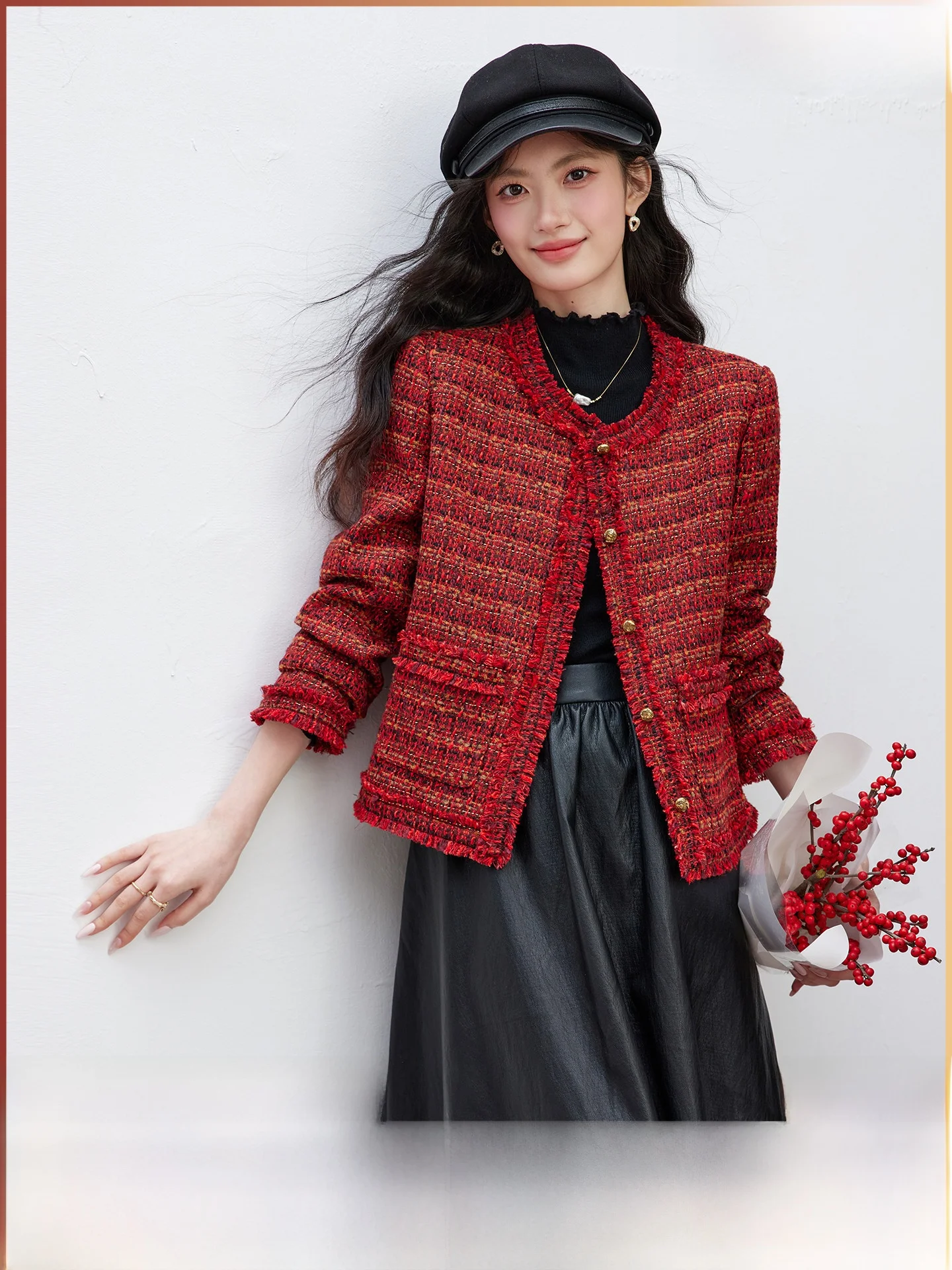 

New Year ort Coat Jaet Women's 2026 Spring New Coarse Tweed Elegance Top Casual Sle Button ket Polyester Cotton Blend