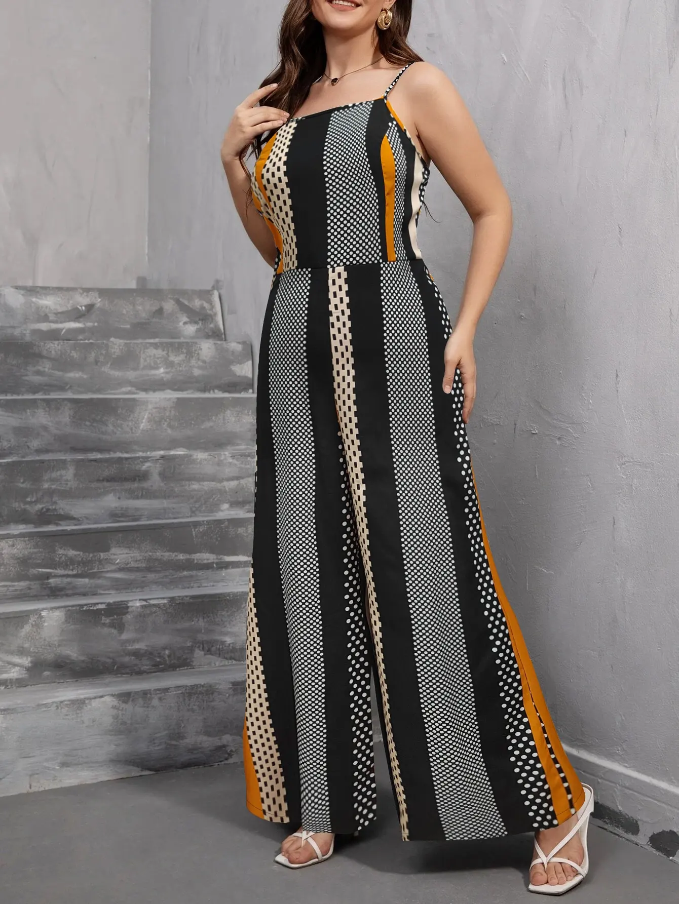 Mono con estampado geométrico de talla grande para mujer, mono informal sin mangas con tirantes finos y pierna ancha, pantalones Palazzo de cintura alta para mujer
