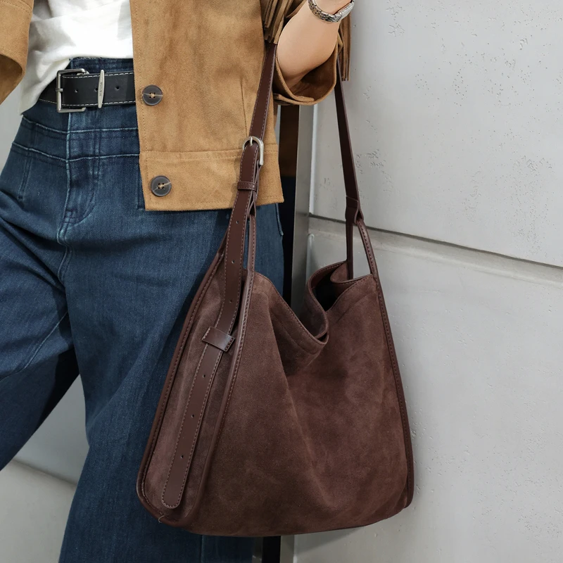 Women's Shoulder Bag Genuine Suede Cow Leather Handbags Luxury Designer Cowhide Large Capacity Female Crossbody Commuter Bags
