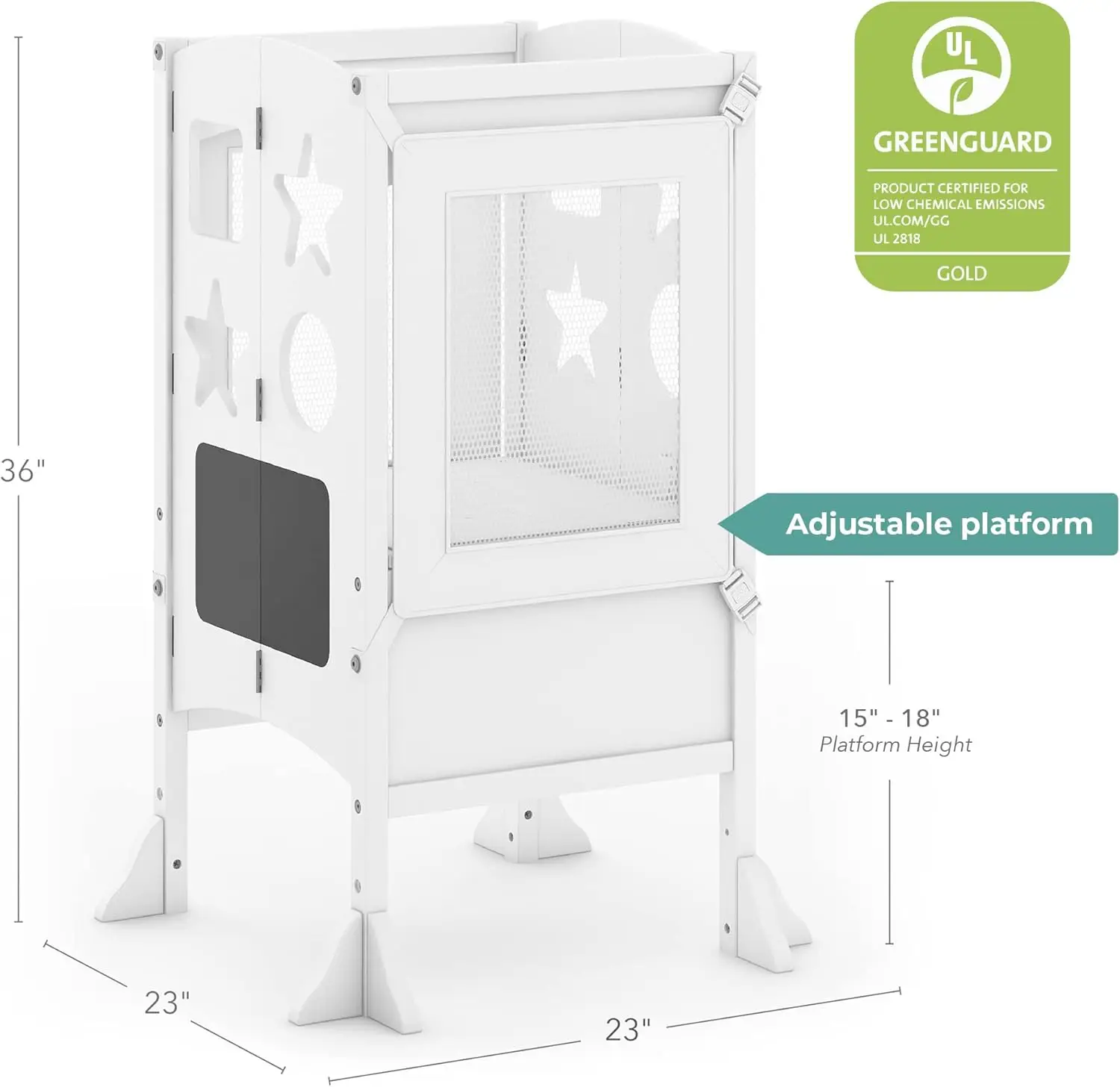 Classic Kitchen Helper® Stool - White with Keepers and Non-Slip Mat: Foldable, Adjustable Height Safety Cooking Tower for Toddle