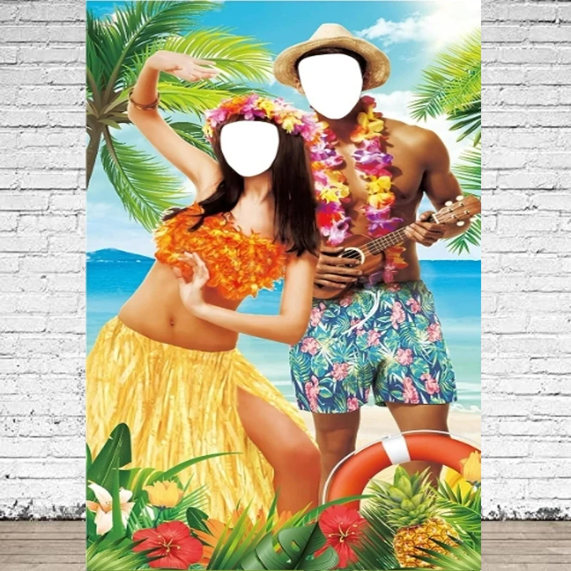 Luau Couple Photo Door Banner Photography Backdrop Face In Hole Pretend Play Party Games Supplies Hawaiian Birthday Party Poster