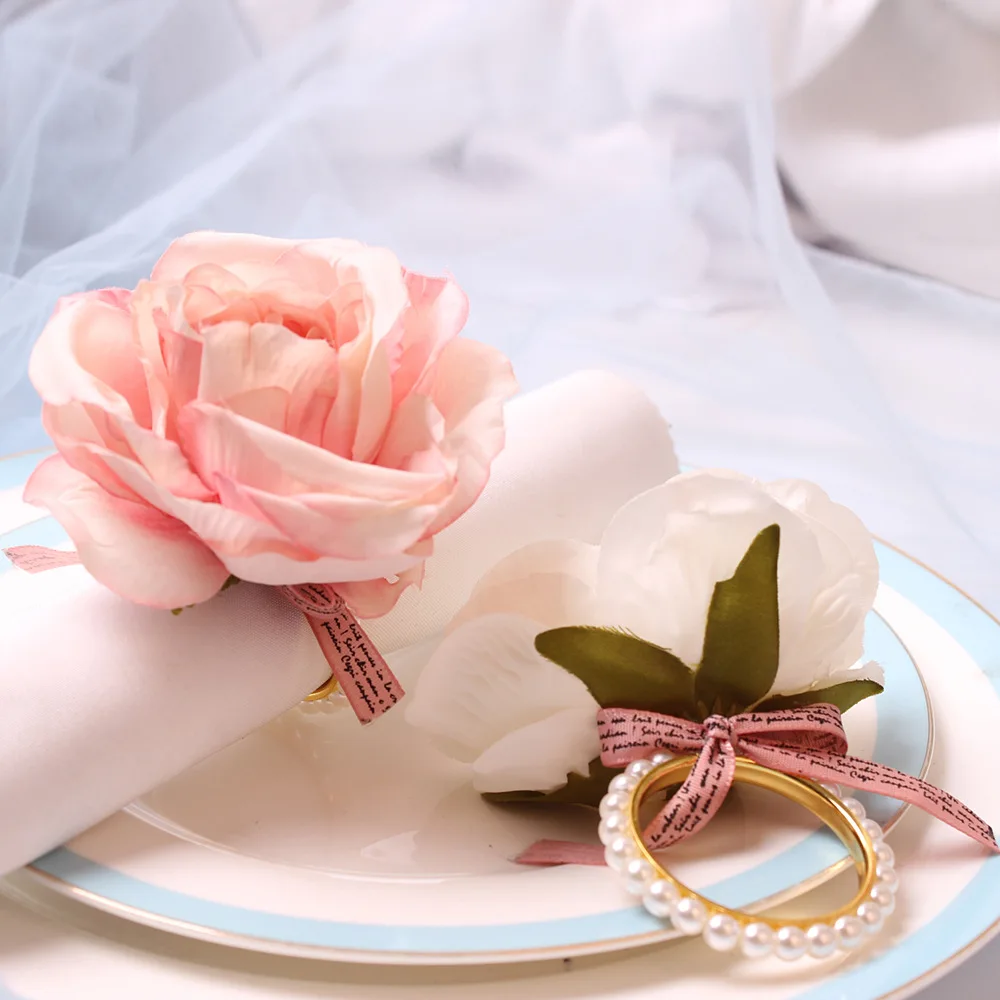 

6pcs new pearl rose napkin ring paper towel ring napkin buckle cloth ring hotel table decoration