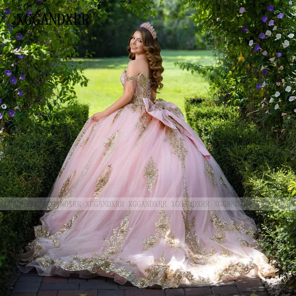 Customized Sparkly Princess Pink Quinceanera Dress 2026 with Big Bow Gold Appliques Sweet 16 Birthday Vestidos De 15 Quinceañera