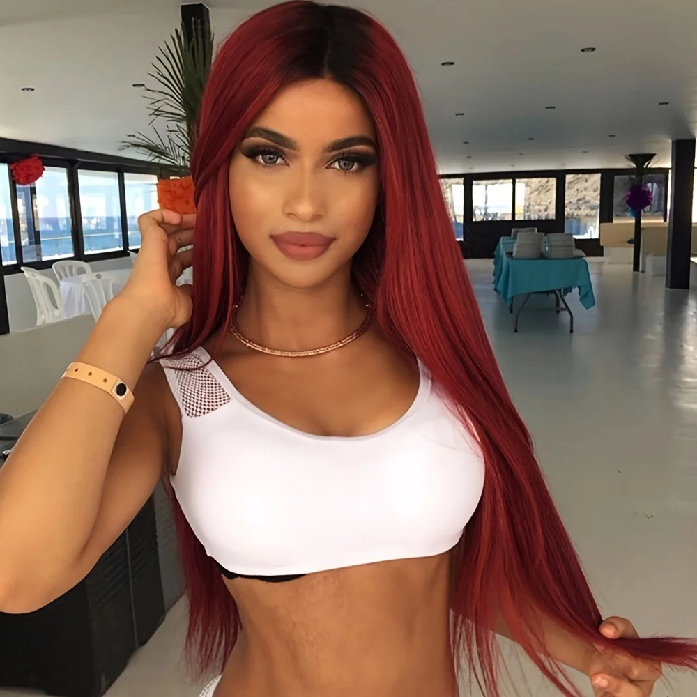 Synthetic Ombre Black To Red Straight Bob Wigs Natural Looking Middle Part Heat Resistant Fiber Wigs For Daily Cosplay Party