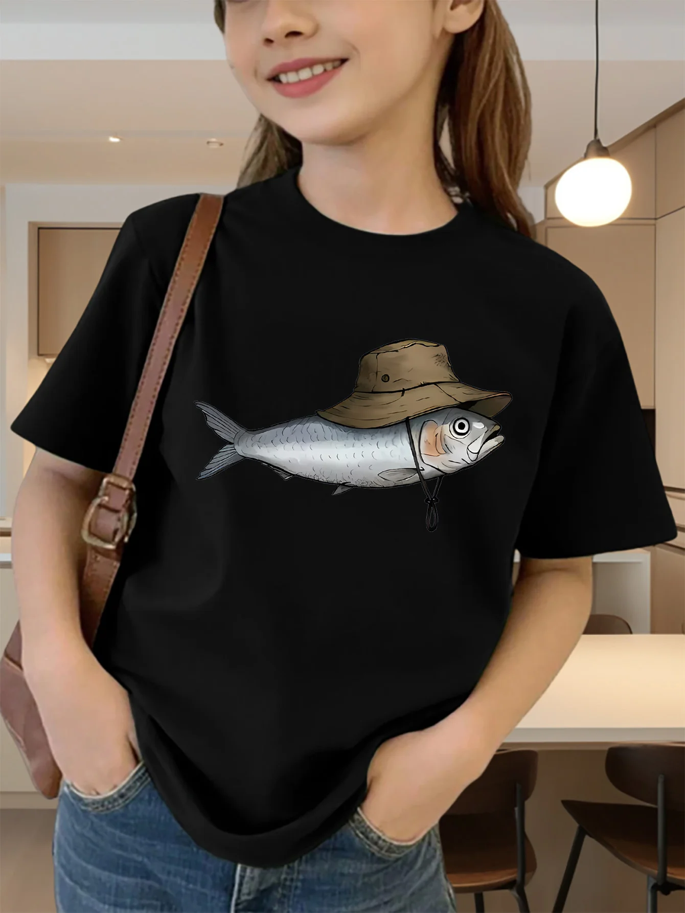 Cute Hat Wearing Fish Cartoon Print Graphic Kids Tee Boys Girls Family Matching Cotton Crew Neck Short Sleeve Soft Summer Tee