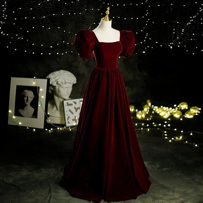 Customized Velour Evening Dress Wine Red Classic Vintage Princess Puff Sleeve A-line Long Prom Formal Gowns for Women Vestidos