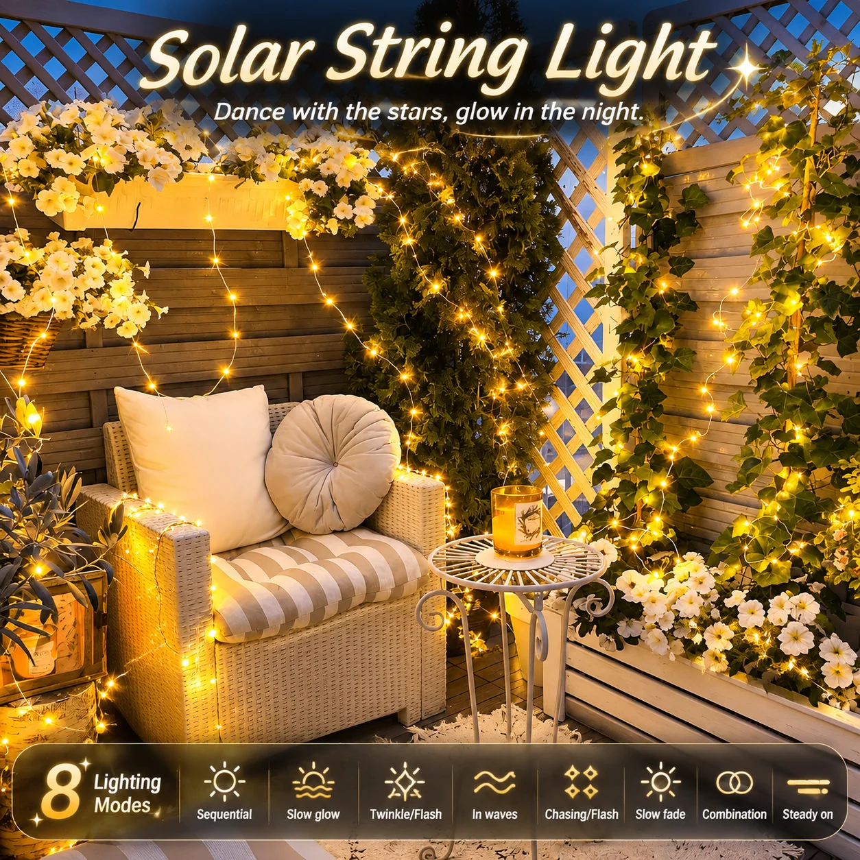 Solar Copper Wire Fairy Lights Outdoor Waterproof LED String Lights 8 Modes Festoon Garden Lights for Christmas Halloween Party