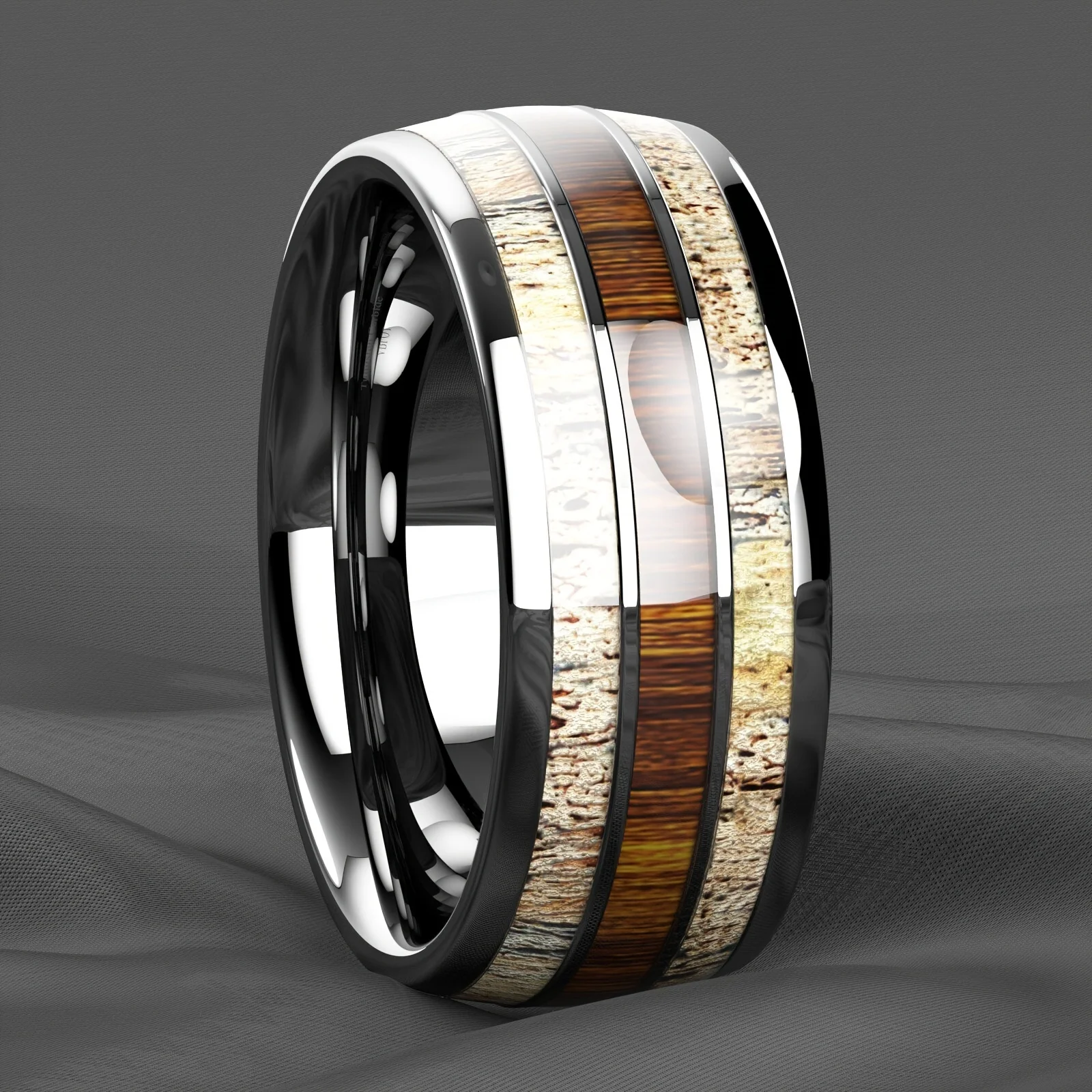 Fashion Silver Color Men\'s Stainless Steel Rings Koa Wood Deer Antler Inlay Dome Engagement Rings For Men Women Wedding Jewelry