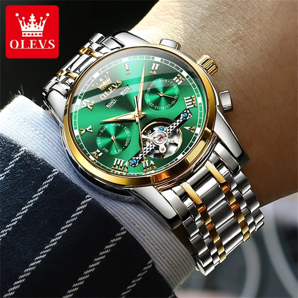 OLEVS 6607 メンズ腕時計 オリジナル ビジネス スケルトン 自動巻き 機械式腕時計 ステンレススチール デイデイト メンズ腕時計 ベストセラー