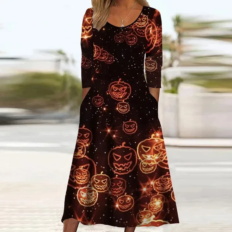 Autumn Elegant Long Dress Women Vintage Print Party Dresses For Women Casual Long Sleeve Pocket Loose Fower Dress