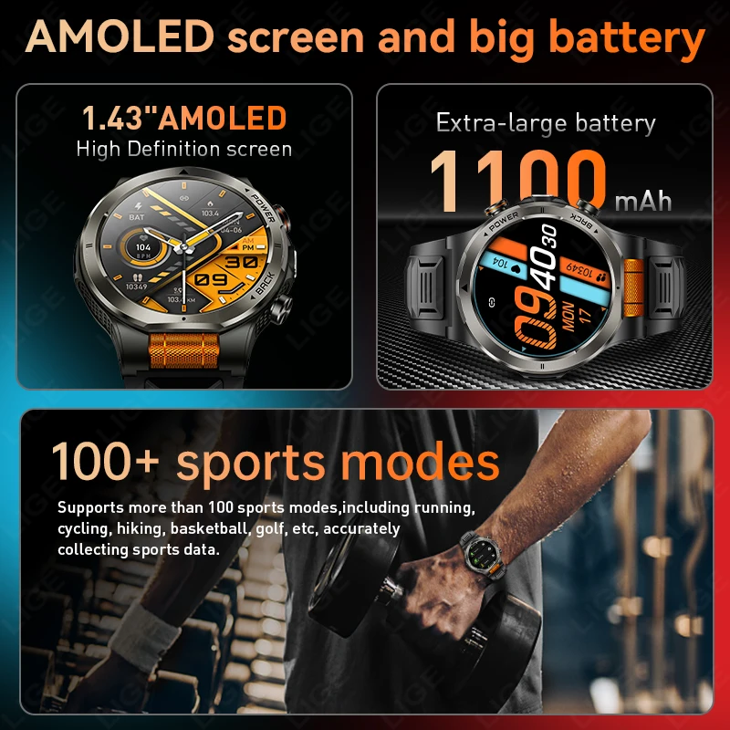 LIGE Men's Smart Watch 1.43" AMOLED 1100mAh Battery 3ATM Waterproof LED Torch Heart Rate SpO2 Monitor BT Call for Outdoor Sports