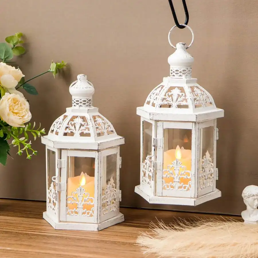 Set Of 2 Vintage Decorative Lanterns 9.5' H Hanging Lantern Metal Candleholder With Tempered Glass For Indoor Outdoor Home Decor