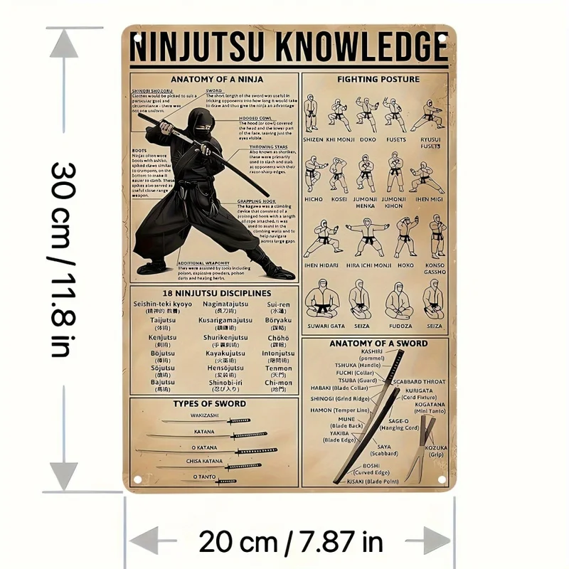 Plaque métallique vintage sur le thème du ninjutsu, infographie d'entraînement de dojo de ninja, décoration murale, idéale pour la maison, la salle de sport ou le garage, cadeau.