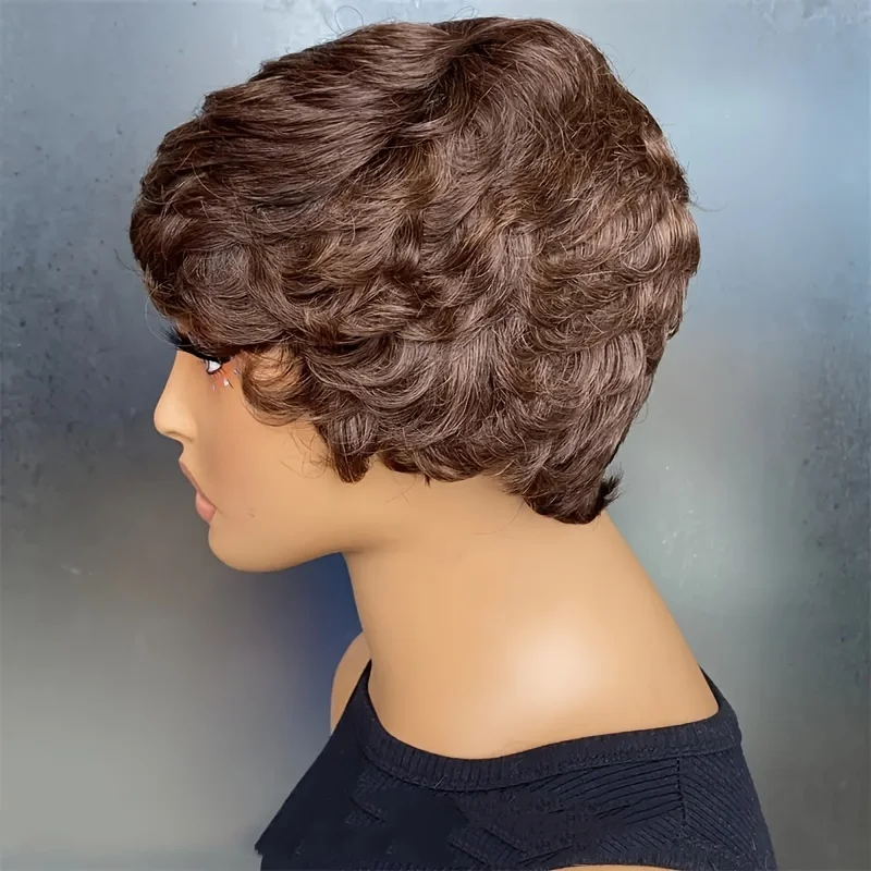 여성용 인모 픽시컷 가발 4가지 색상 짧은 스트레이트 레이어드 앞머리 있는 기계식 가발