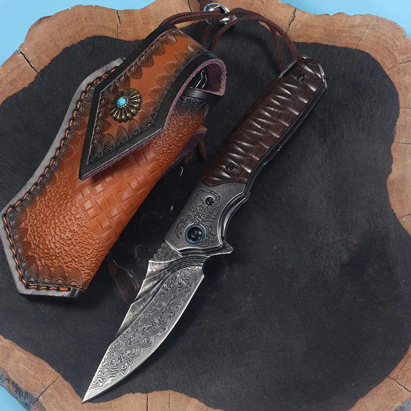 Damascus Pattern Folding Pocket Knife Ebony Wood Handle with Leather Sheath EDC Outdoor Camping Utility Knife Collectible Gift