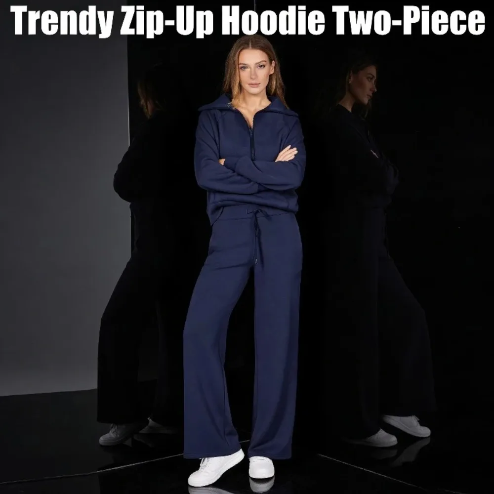 Herfst Winter Sport Set Zip Lange Mouw Hoodie Wijde Pijpen Broek Damesmode Casual 2-delige outfit