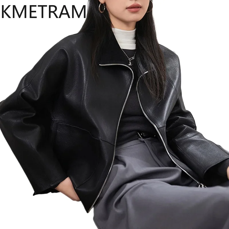 100% Goatskin Leather Jacket Women Black Motorcycle Jackets 2024 High Quality Outerwears Autumn Winter Clothes дубленка женская