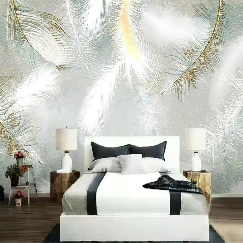 Hand-painted watercolor feathers, elegant light background with gold accents, bedroom background wall, self-adhesive material.