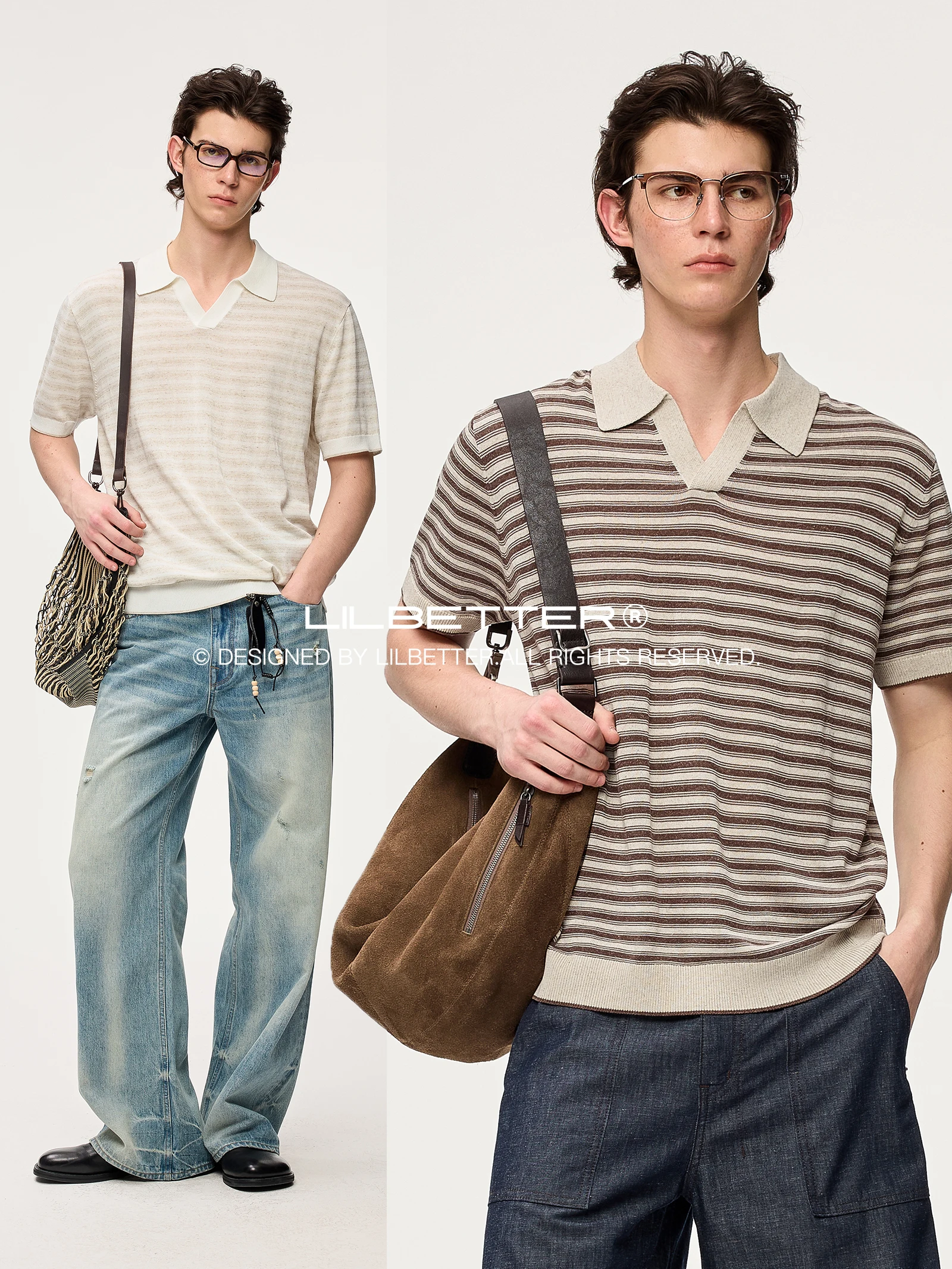 Lilbetter Men's  Shirt V-Neck Short Sleeve Breathable Linen Texture Slim Stripe Summer Fashion Casual T-Shirt