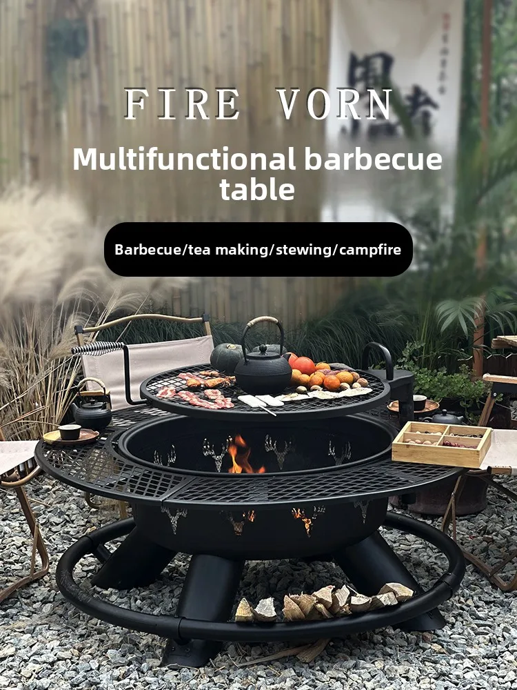 Outdoor Artisan Barbecue  Garden Firewood Stove Multifunctional Barbecue Table Bonfire Basin Surrounding Grill Tea Making Set