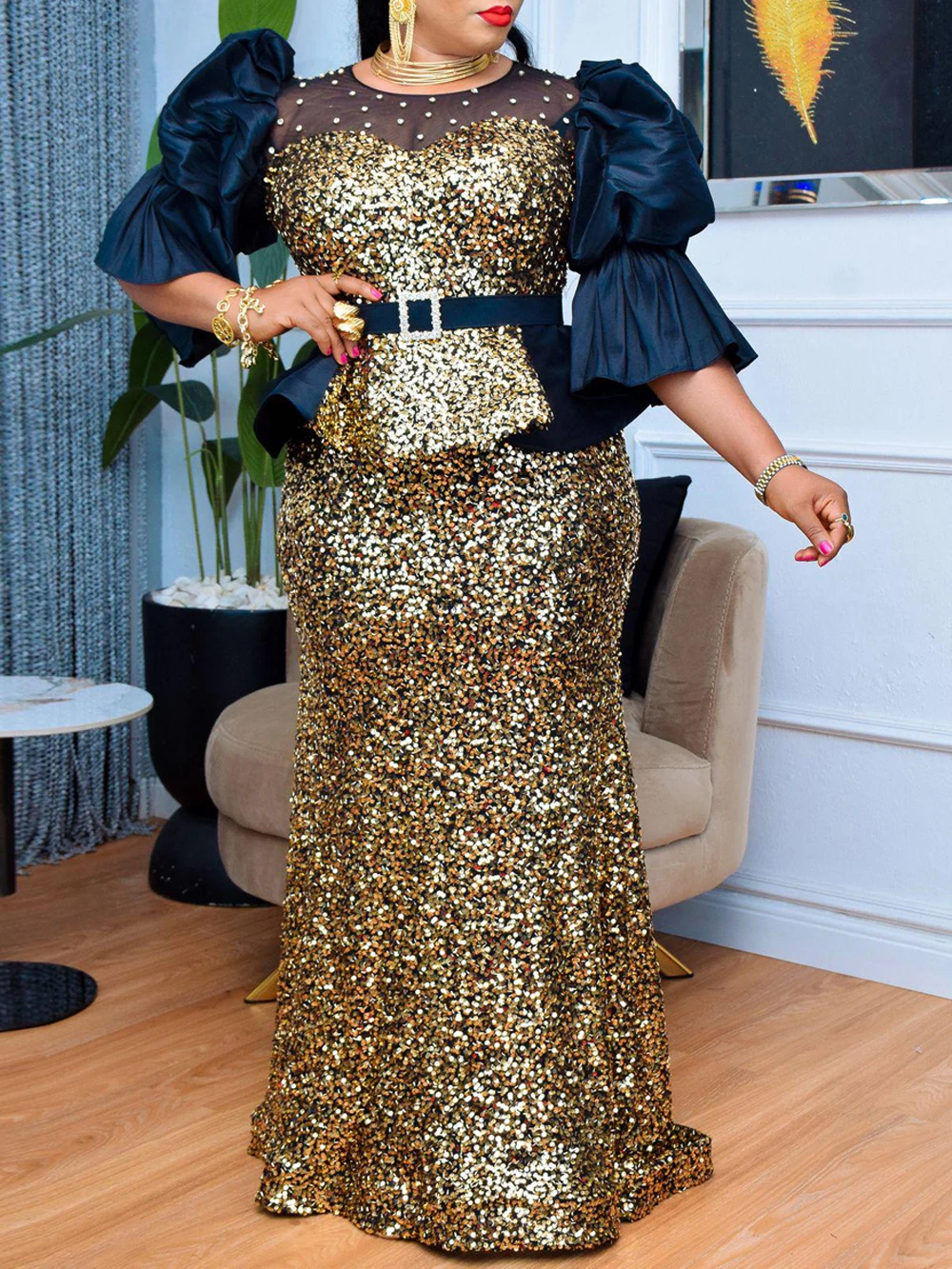 

Роскошные платья русалки с блестками для женщин, свадебная вечеринка, выпускной вечер, длинное платье с пышными рукавами, облегающий халат, женская одежда на день рождения