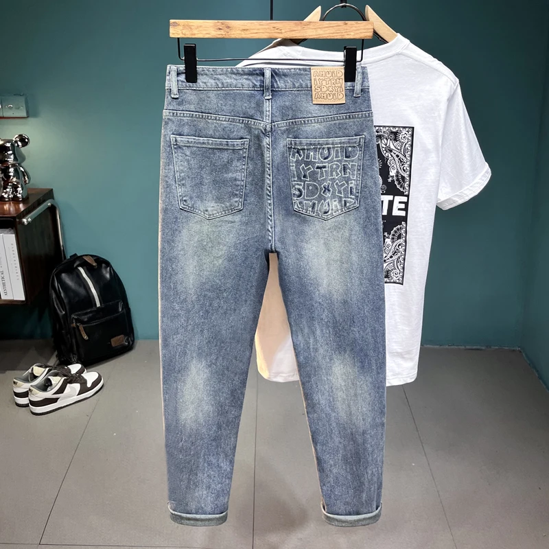 Trendy Printed Jeans Men's 2024 Spring Summer Korean Style Versatile Straight Tapered Pants Stretch Slim Fit Skinny Pants
