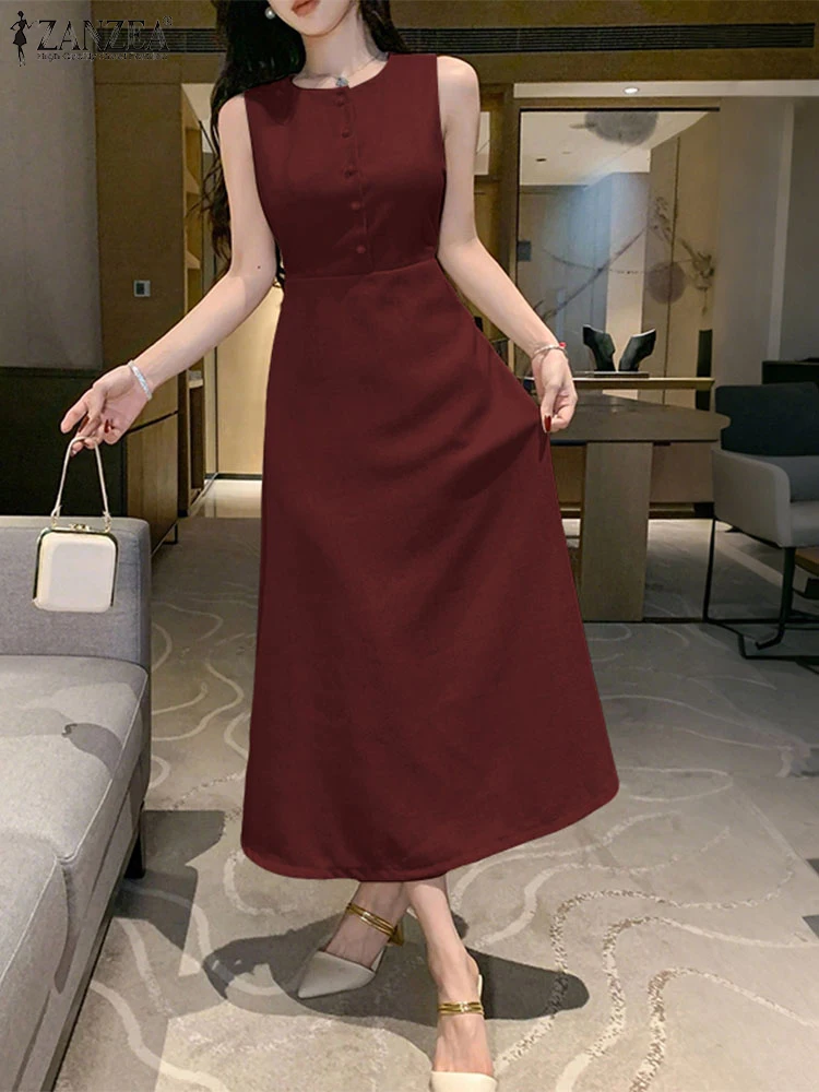 2025 zanzea verão vestido longo feminino sem mangas cor sólida midi vestido de verão casual o pescoço solto festa elegante vestidos oversized