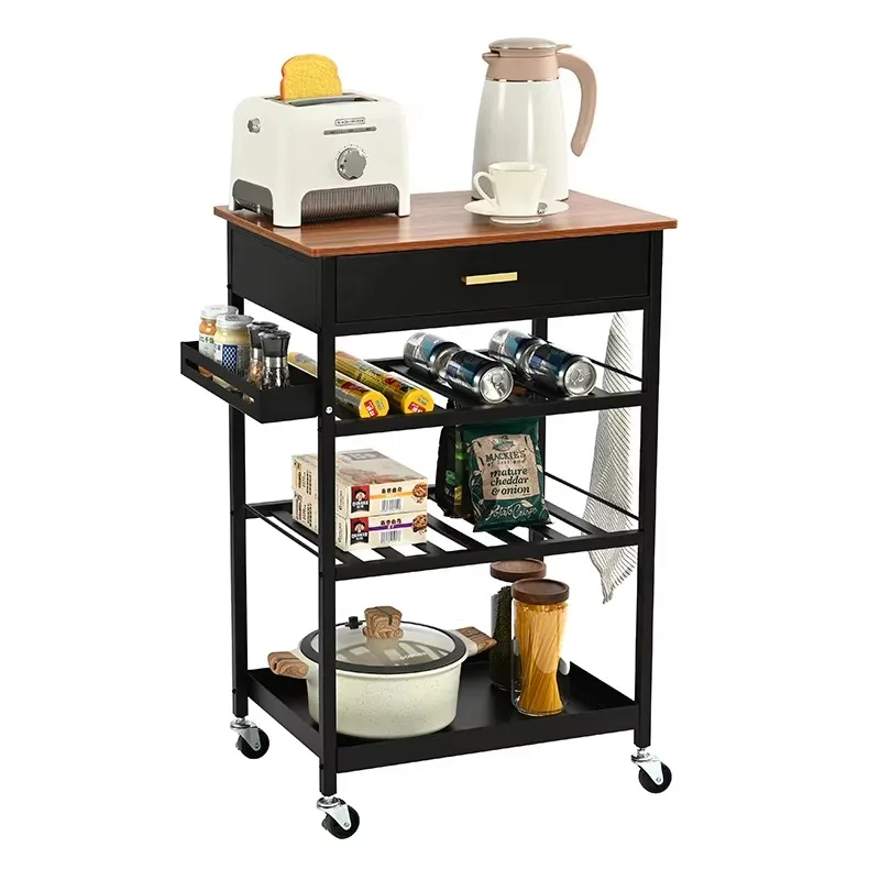 Eco-friendly and Durable Rolling Kitchen Storage Wine Cart Kitchen Island Wood Top Kitchen Food Serving Trolley with Drawers