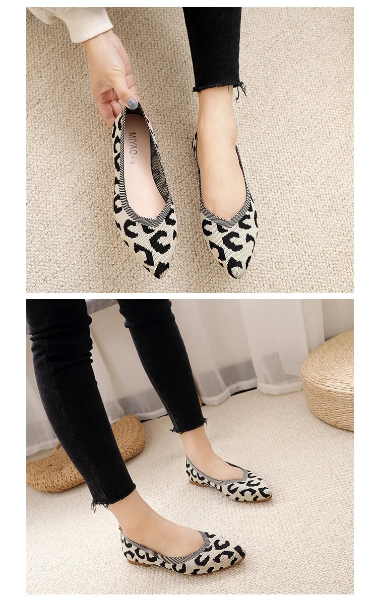 Women Flat Shoes Spring Summer Breathable Knit Leopard Print Soft Sole Girl Slip-on Casual Shoes OL Fashion Loafers