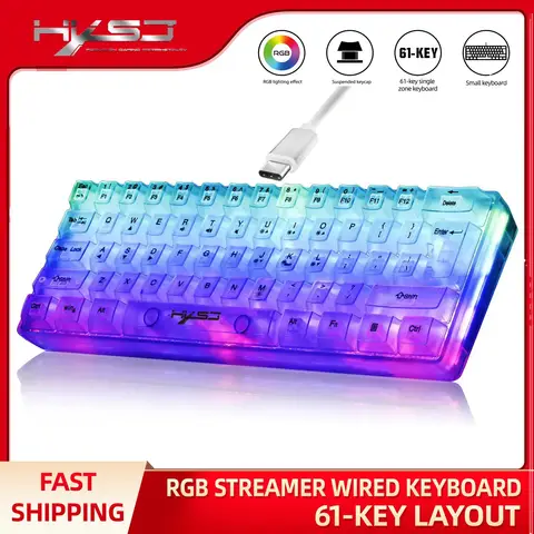 HXSJ 60% 유선 투명 게임용 키보드, RGB 백라이트 초소형 방수 소형 컴팩트 61 키 키보드(PC/Mac용)