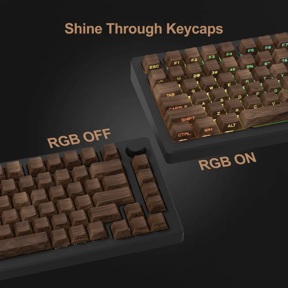 136 Keys Walnut Wood Grain Keycaps Side-word Light Transmission Cherry Height PBT Thermal Sublimation For Mechanical Keyboard