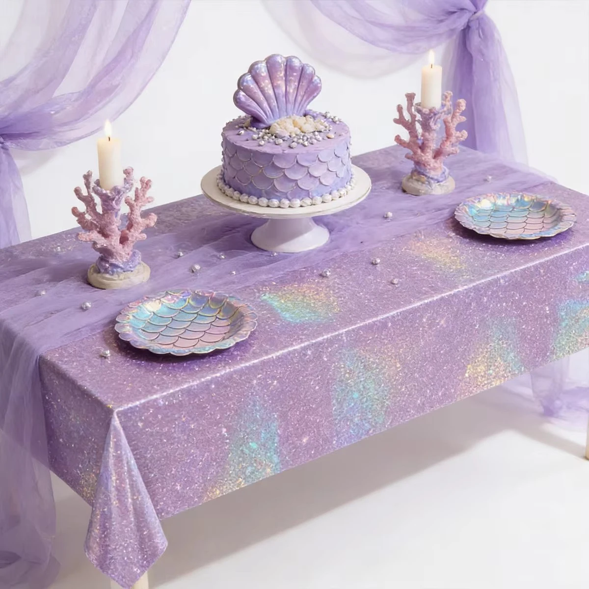 1/3Pcs Purple Iridescent Holographic Glitter Laser Disposable Tablecloth Rectangle Table Cover for Wedding Birthday Party Decor