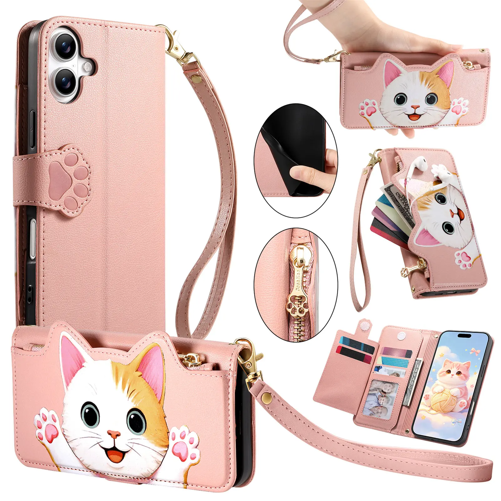 Cartoon-Katzen-Handgelenkschlaufen-Handyhülle für iPhone Air 17e 16e 15 14 Plus 13 12 11 Pro Max mit Reißverschluss, Leder-Brieftasche und Kartenfächern
