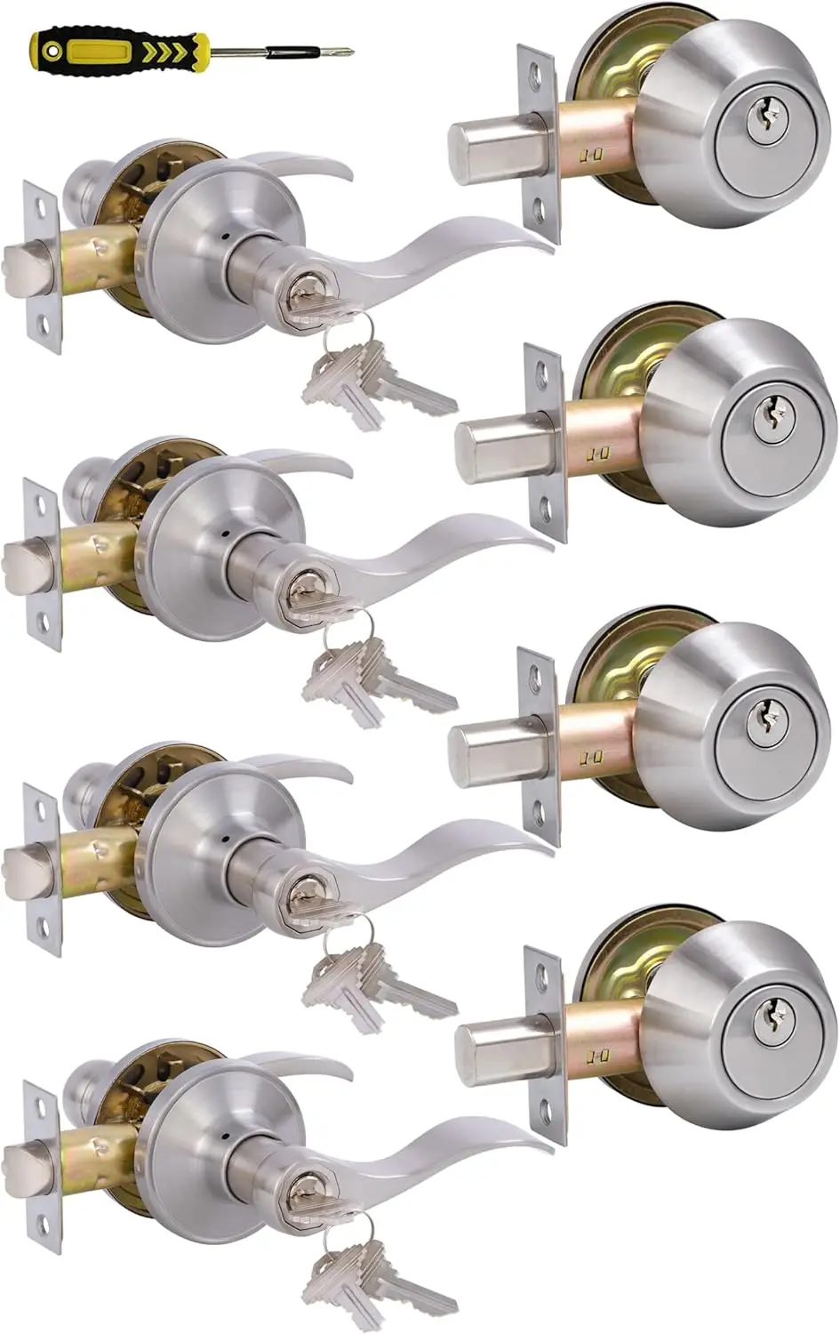 ed Alike Front Door Lever Lockset With Single Cylinder Deadbolt Combination Set, Exterior Door Knob With Lock And Deadbolt,