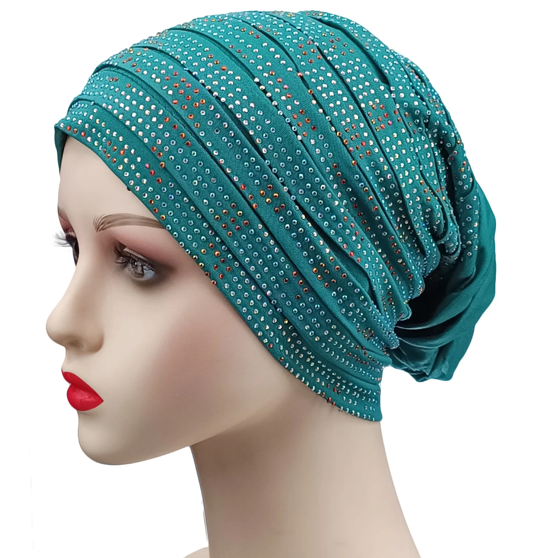 Nice Ladies Head Wraps Muslim Hijab Bonnets Fashion Rhinestones Headgear Trending Elastic Full Body Pleated Turban Cap For Women