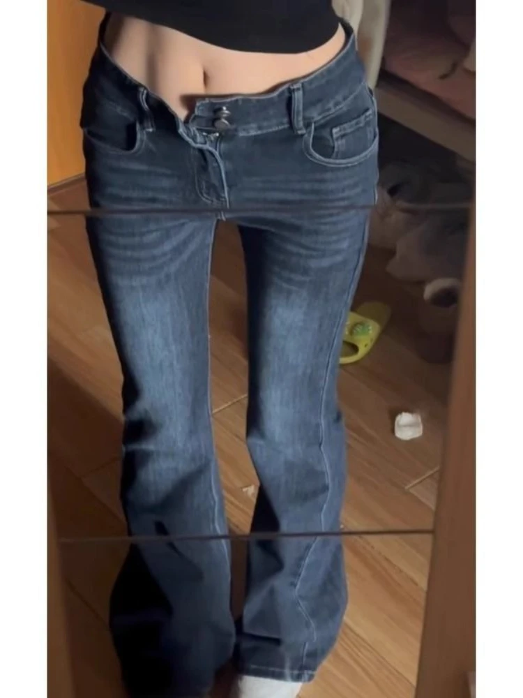 

HOUZHOU Vintage Flared Jeans Women Y2k Sexy High Street Low Rise Curvy Jeans 2000s Grunge Fashion Washed Denim Trousers Slim Up